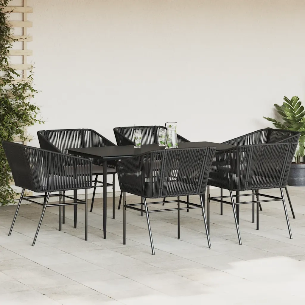 Set Pranzo da Giardino 7 pz Nero con Cuscini Polyrattan Vetro 3334517