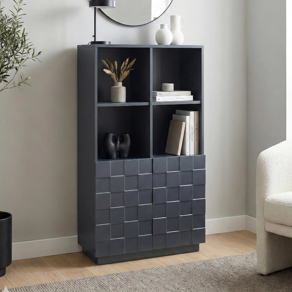 Armadio Comò Alto Bopibobro a 2 Ante Credenza con 4 Ripiani Aperti e 4 Vani Chiusi 118 x 64 x 30 cm - Grigio Scuro [en.casa]