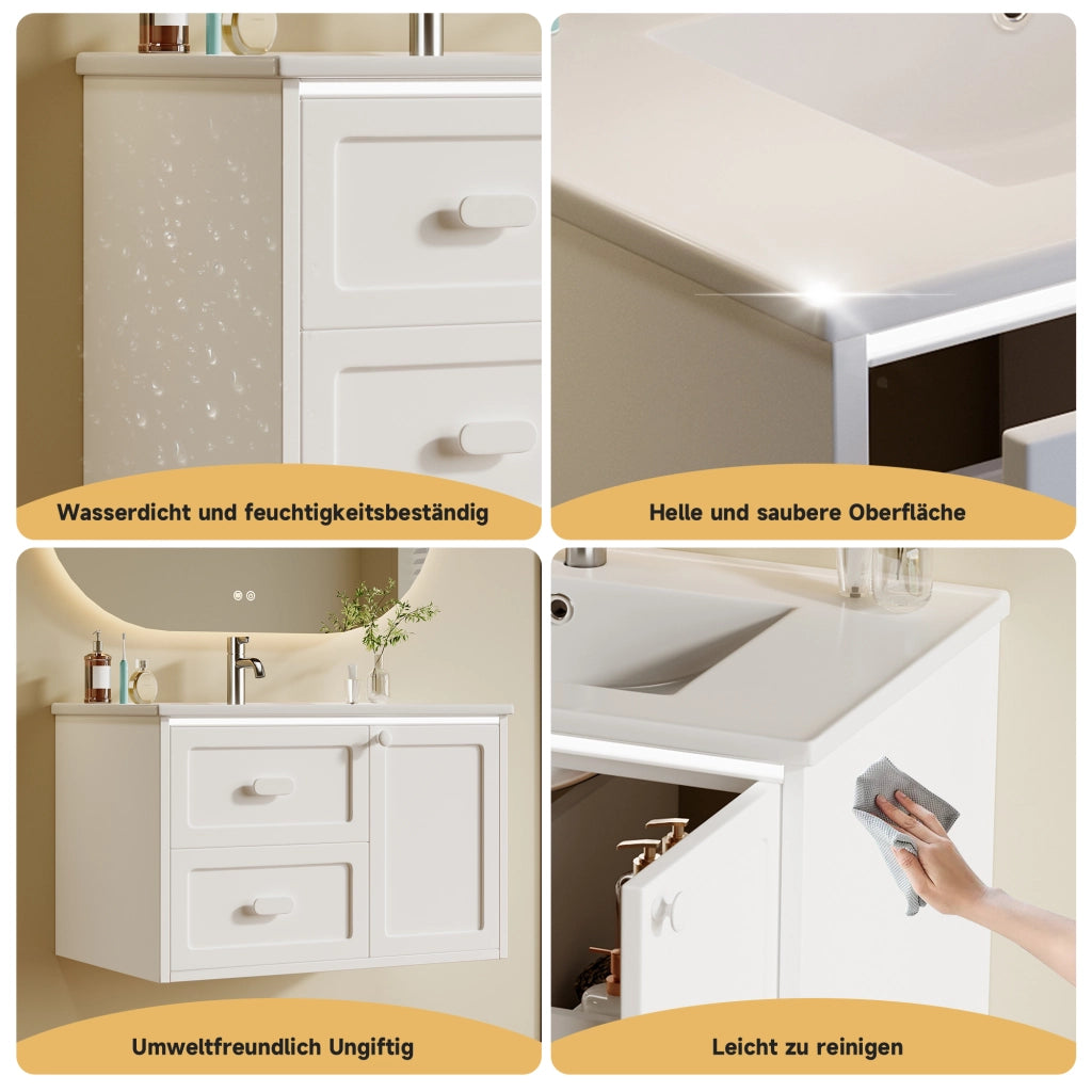 Mobile sottolavabo laccato in MDF con LED a sensore radar, 2 cassetti e 1 vano, per bagno, bianco, 76 × 46 × 51 cm