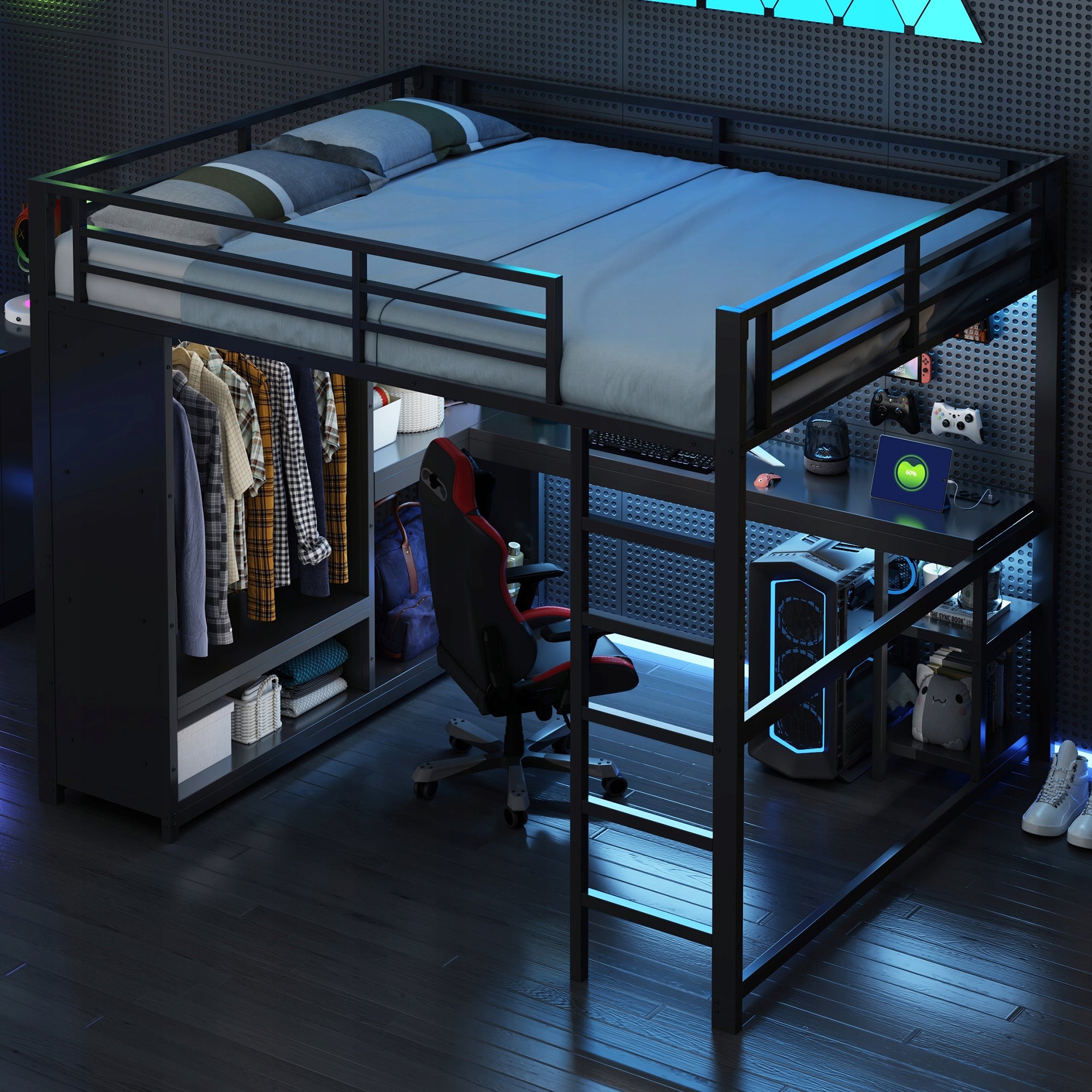 Letto gaming con scrivania e armadio - Xylo - 160x200 - Nero - LED