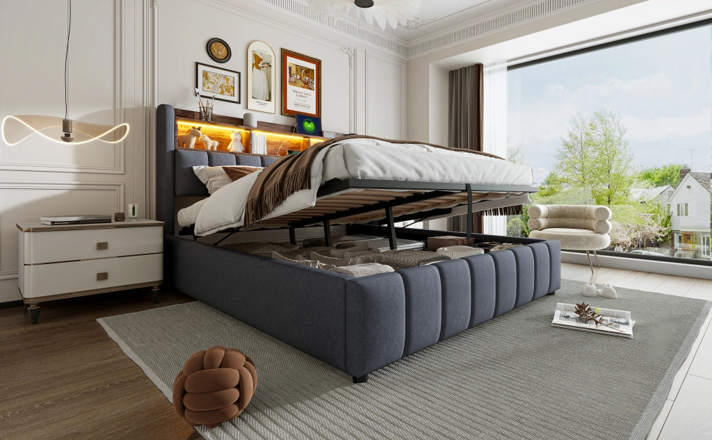 DESMIU Letto imbottito 180 × 200 cm 2 posti con LED, USB e Type-C, contenitore idraulico, senza materasso, lino grigio