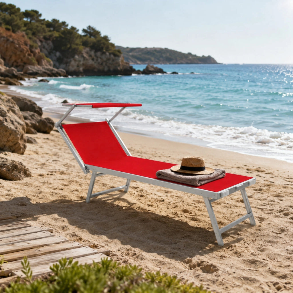 Lettino Prendisole Pieghevole Professionale In Alluminio E Tessuto Textilene Tettuccio Orientabile Tettino Parasole Sdraio Prendi Sole Mare Spiaggia Piscina Giardino 182 x 60 x 38 cm Rosso