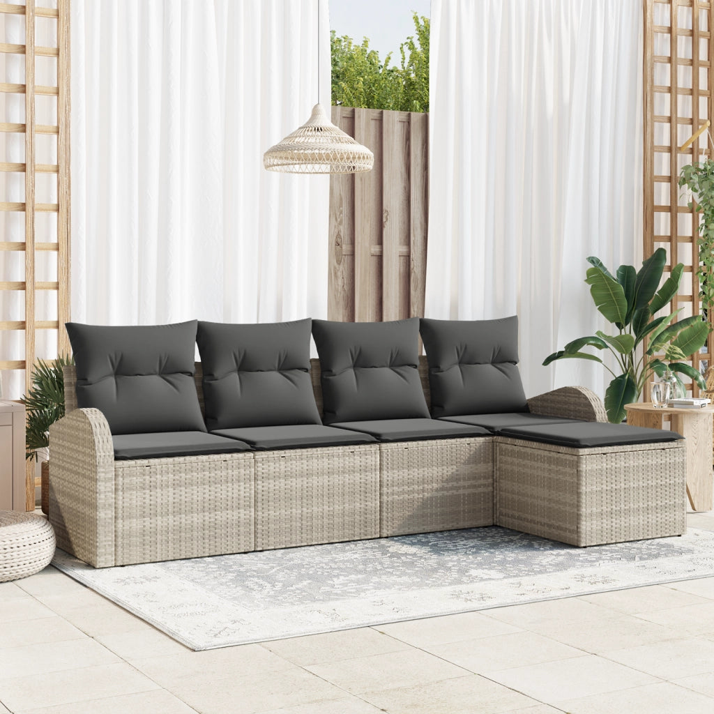 Set Divano da Giardino 5 Pezzi con Cuscini Grigio Chiaro in Polirattan