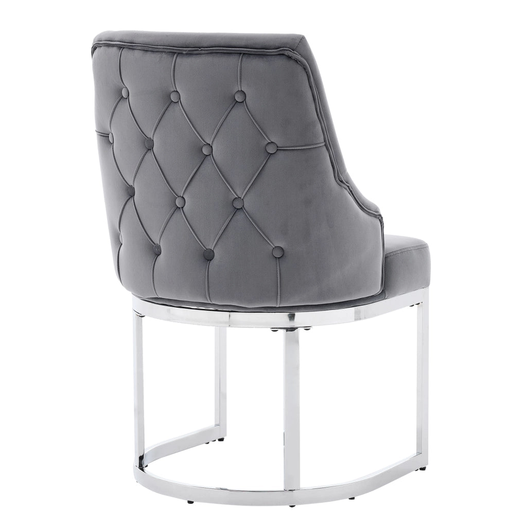 Set di 2 sedie da pranzo in velluto grigio e metallo argentato, schienale trapuntato, stile moderno