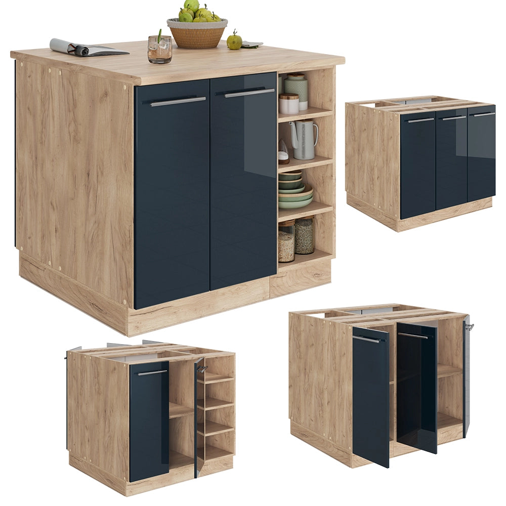 Isola da cucina Fame-Line Blu scuro lucido/Rovere dorato 90 cm senza piano di lavoro Vicco