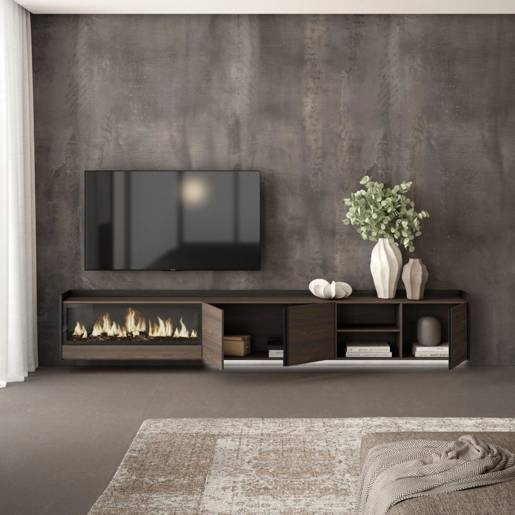 Mobile TV Soggiorno, 315x50x35 cm, Per TV fino a 80", Camino elettrico XXL, Sospeso, da appendere, LED, Rovere scuro e Nero