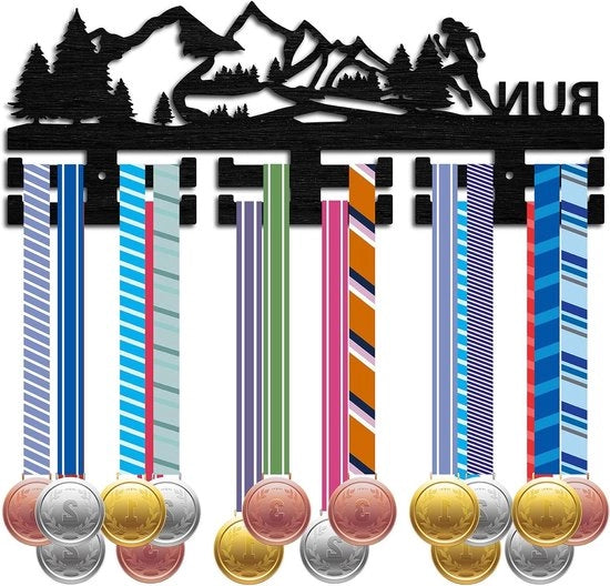 Medaglia Display per Parete - Ostacolo per Medaglie per più di 30 Medaglie - Display per Corridori, Nuotatori, Atleti e Campioni - Legno Bosco - Nero 30 x 30 cm