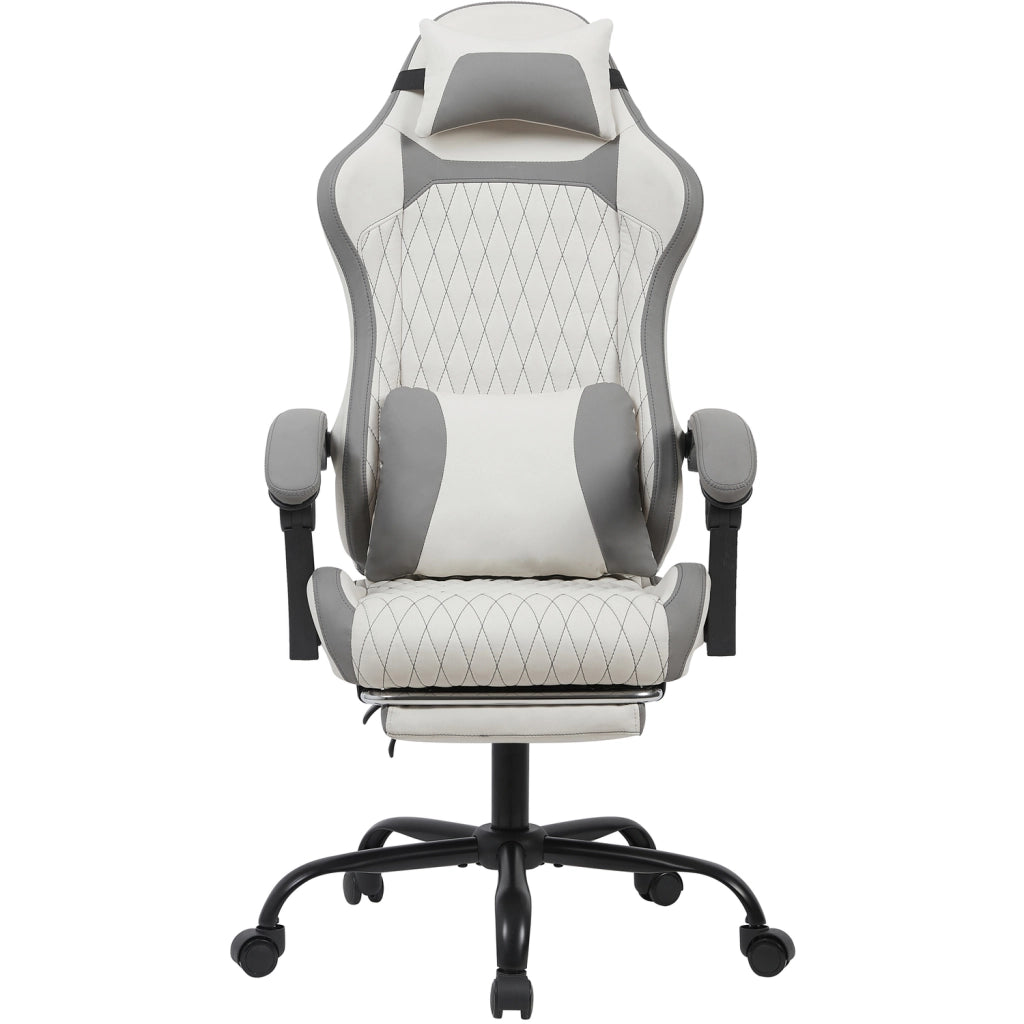 Sedia da gaming con schienale alto reclinabile e poggiapiedi, supporto lombare e braccioli imbottiti in PVC bianco e grigio