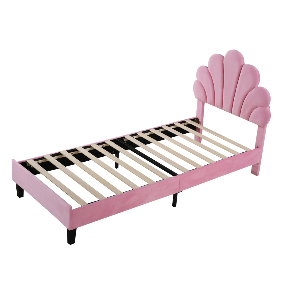Letto imbottito 90x200 cm; testiera a fiore; velluto rosa (Senza materasso)