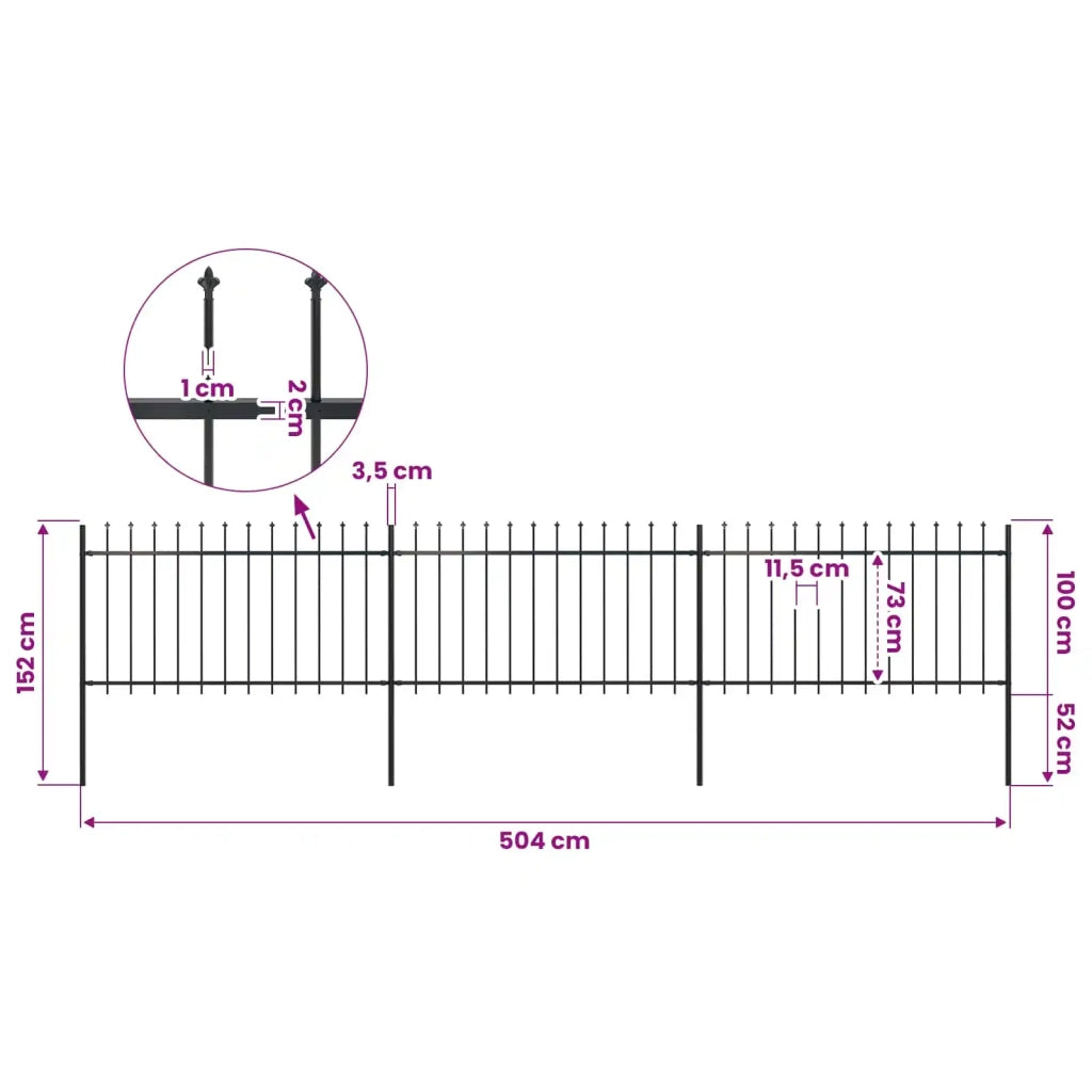 Recinzione da Giardino con Punta a Lancia in Acciaio 504x100 cm Nera 277613