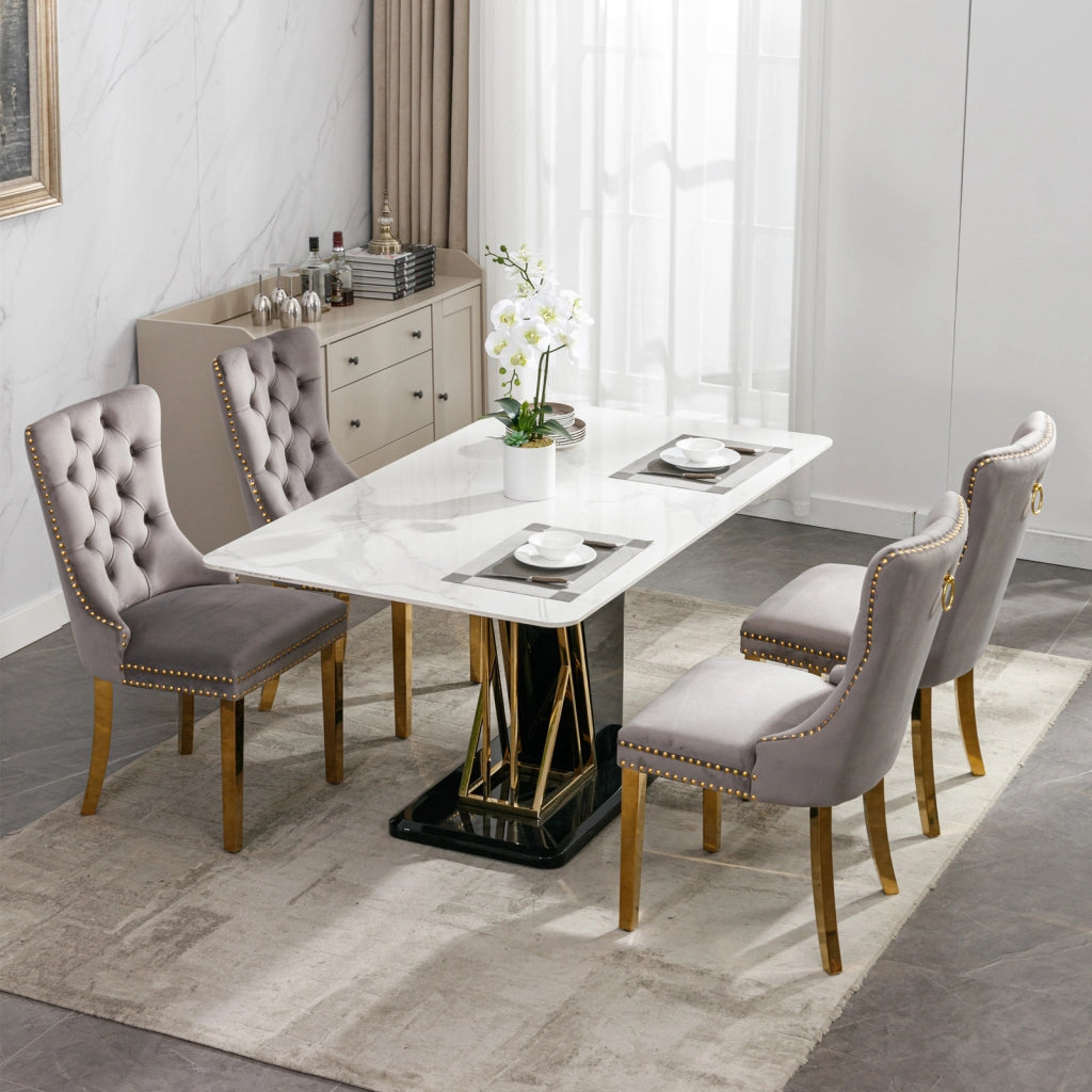 Sedie da Pranzo Imbottite in Velluto ¨C MINIMAL ¨C Set 2 Pezzi, Legno Massello, Gambe Oro, Grigio