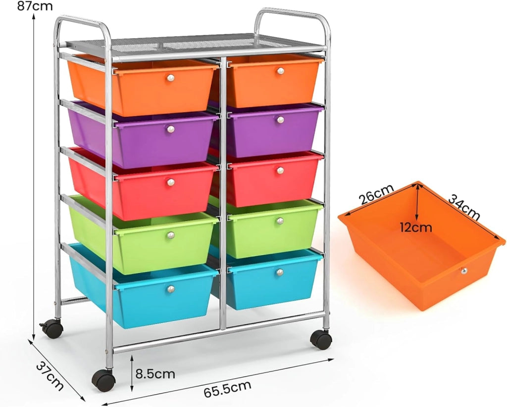 Carrello con 10 cassetti, impilabile, carrello per cassetti, carrello da cucina con ruote bloccabili, carrello per cucina, bagno, ufficio, 65,5 x 37 x 87 cm, colorato