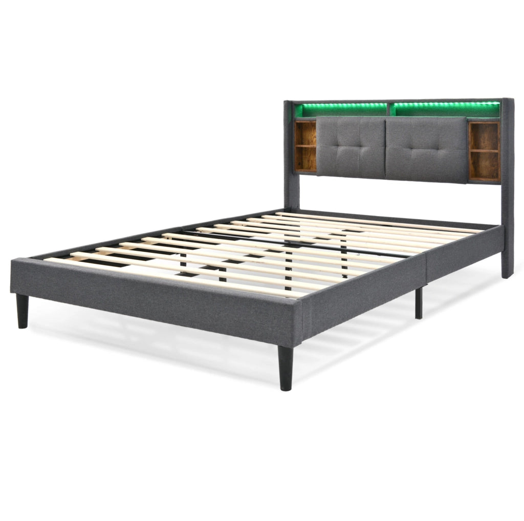 Letto imbottito 140x200 cm con contenitore; LED; USB e prese; grigio