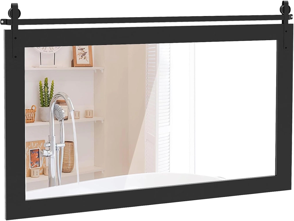 Specchio da Parete 100 x 66 cm, Specchio Rettangolare con Cornice in Legno Massiccio e Staffa in Metallo, Decorazione da Parete per Soggiorno Ingresso Bagno, Marrone (Noce)