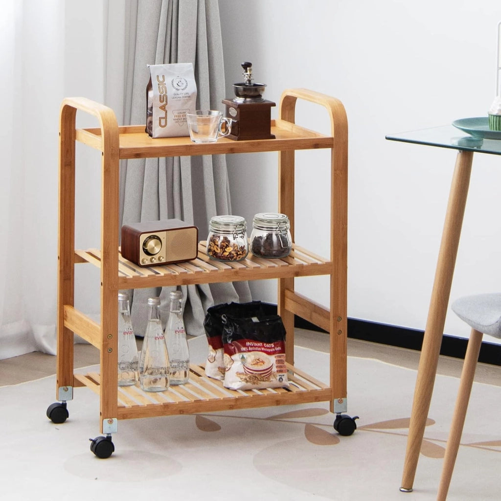 Carrello da portata in bambù, piccolo carrello da cucina su ruote, carrello con 3 ripiani e manici, carrello universale da cucina, carrello multiuso 58 x 33 x 76 cm
