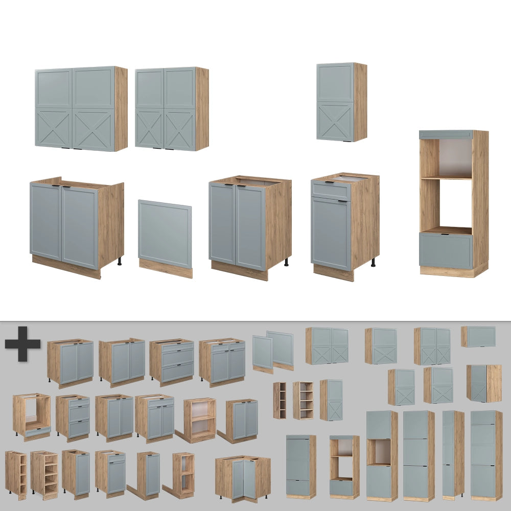 Vicco Cucina componibile Rovere blu-grigio chiaro/oro 300 cm con armadio alto, PL Rovere