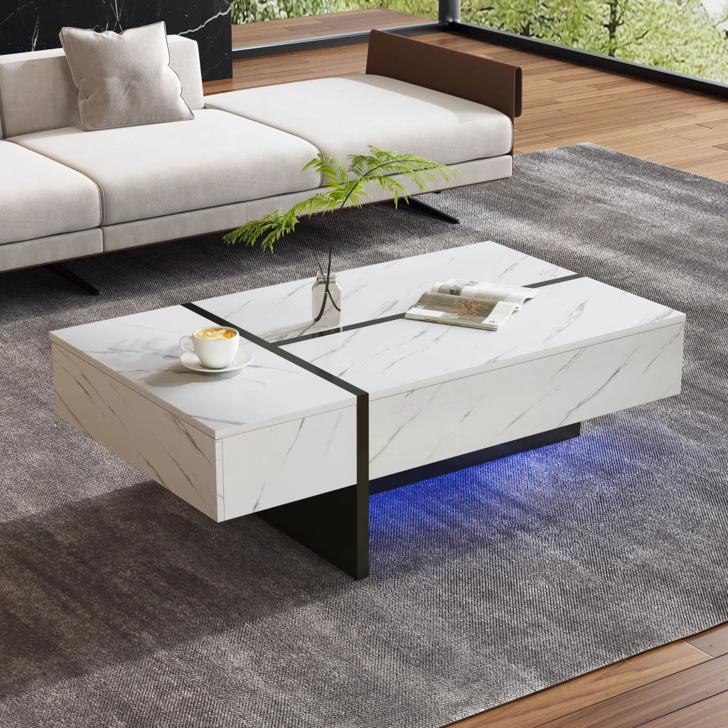 Tavolino da salotto con 3 Cassetti e LED controllato da app; Piano Lucido Effetto Marmo; Soggiorno; 105 × 60 × 35 cm