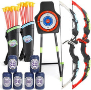 Set di tiro con l'arco per bambini con LED - set di tiro con l'arco per bambini - 1 bersaglio - 2 archi - 2 fionde - 20 frecce - punteria - 6 bersagli - giocattolo di tiro con l'arco per bambini - 4-9 anni