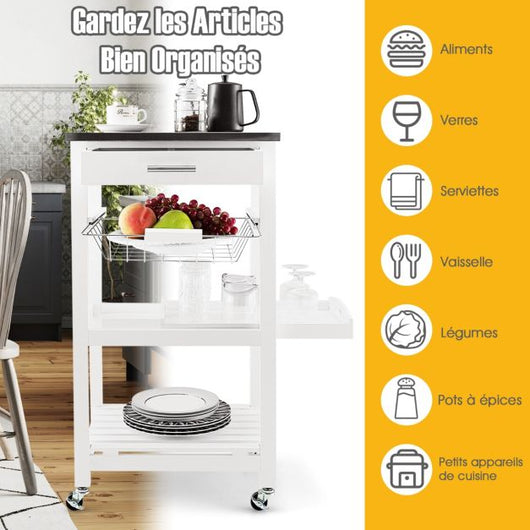 Carrello da Cucina con Ruote con Piano di Lavoro in Acciaio Inox Carrello di Servizio con Cassetto Scorrevole Cestello in Filo per Cucina Sala da Pranzo 47x39x85 cm Bianco 20_0005445
