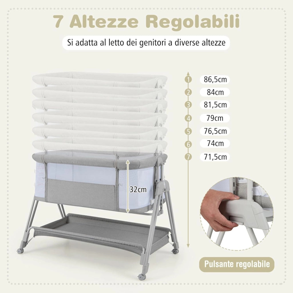 Lettino per Neonati, Culla Portatile Pieghevole con Ripiano Portaoggetti, 7 Altezze Regolabili, Materasso e Borsa per Trasporto (Grigio)