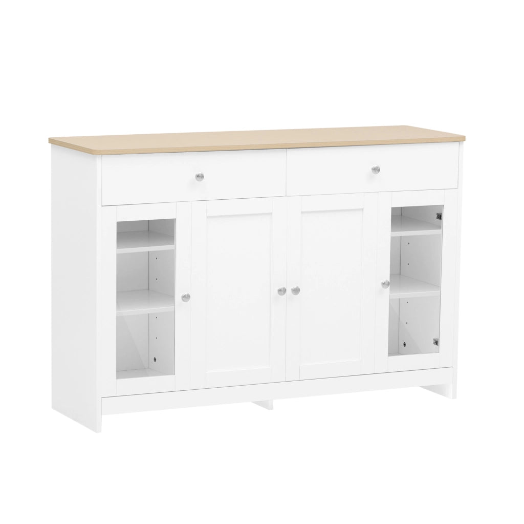 Credenza 120x37x80 cm con 2 cassetti; 4 ante e ripiani regolabili; MDF bianco e colore legno