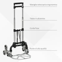 DURHAND Carrello Portapacchi Pieghevole a 6 Ruote max 70 kg con Fune e Maniglia Estraibile, 47x47x100 cm, Nero e Argento