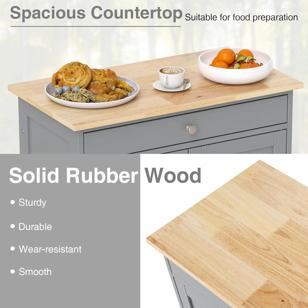 Carrello da cucina mobile con cassetto, porte e ripiani per bottiglie, isola di cucina con ruote e coperchio in legno di gomma, 67 x 37 x 86 cm, mobile di stoccaggio per sala da pranzo (grigio