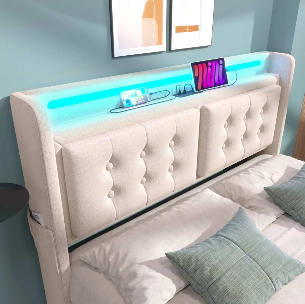 Letto contenitore 140x200 beige con LED, prese USB-C e rete a doghe