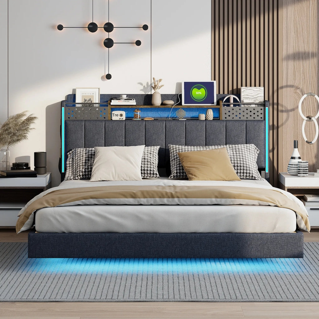 Letto matrimoniale imbottito 160x200 cm con LED; USB; testiera contenitore e rete; grigio