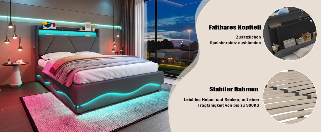 DESMIU Letto contenitore 160 × 200 cm 2 posti con LED, USB e Type-C, vano contenitore, senza materasso, velluto grigio
