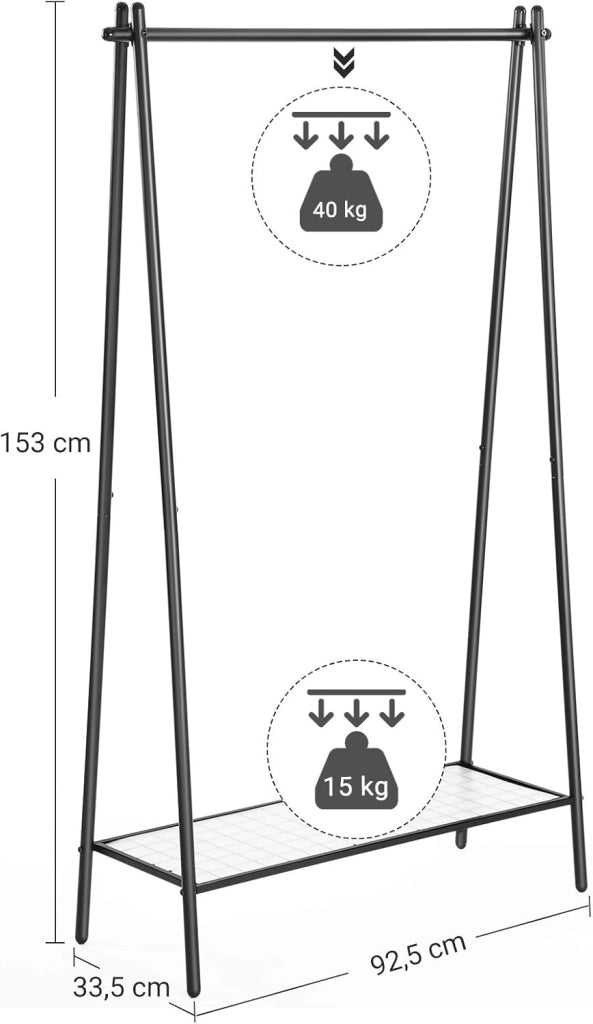 SONGMICS Appendiabiti telaio in acciaio con asta e ripiano 33,5 x 92,5 x 153 cm, per camera da letto, guardaroba, lavanderia, nero opaco HSR23BK