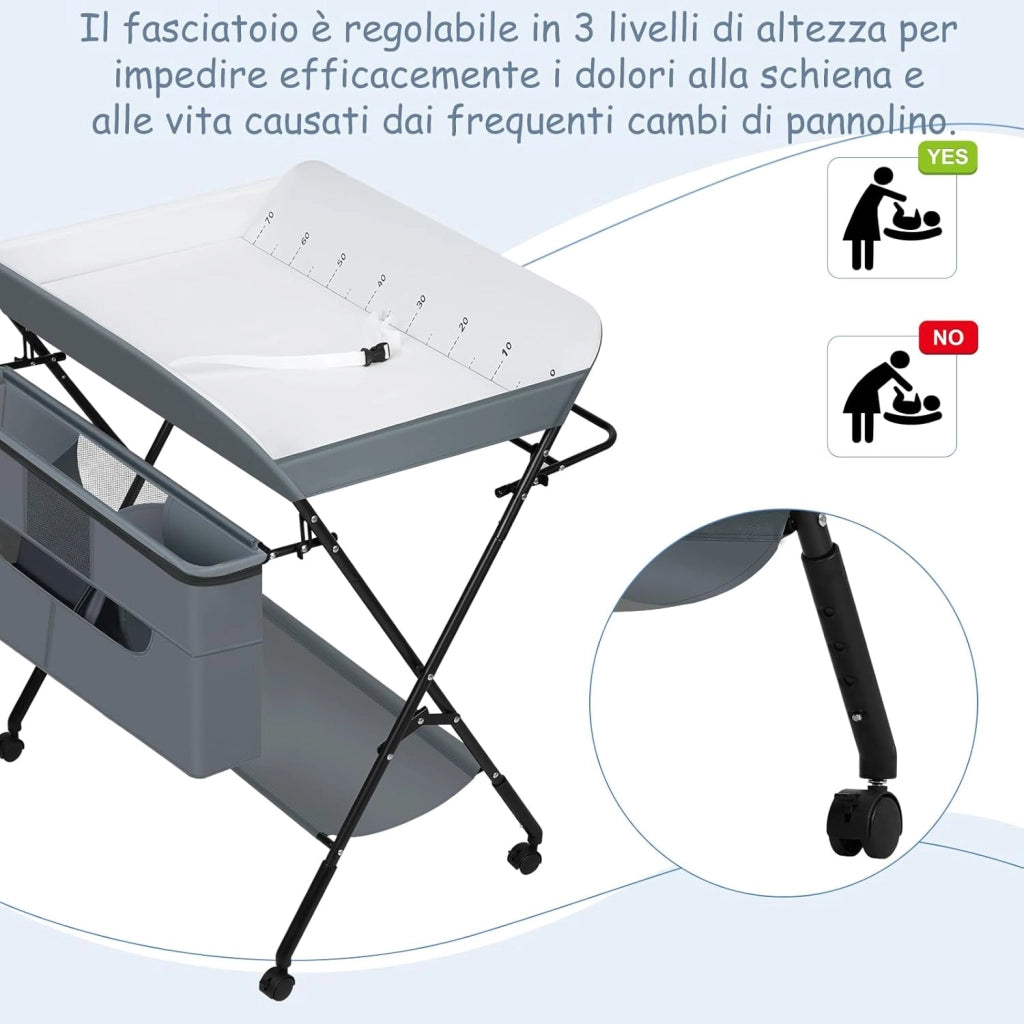 Fasciatoio per Neonati Pieghevole e Portatile, Fasciatoio con Ruote Bloccabili, Cestino, Barra e Ripiano Inferiore, Tessuto Oxford, Grigio