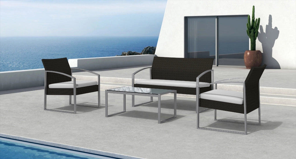 Salotto da esterno divano, due poltrone e tavolino metallo grigio e rattan sintetico grigio scuro Fredi Shewa