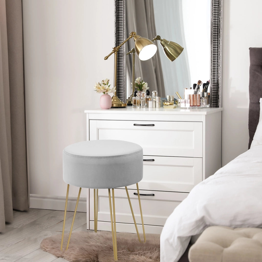 Sgabello poggiapiedi moderno rotondo di velluto, Sgabello per toeletta salone e camera da letto Grigio-Sgabelli