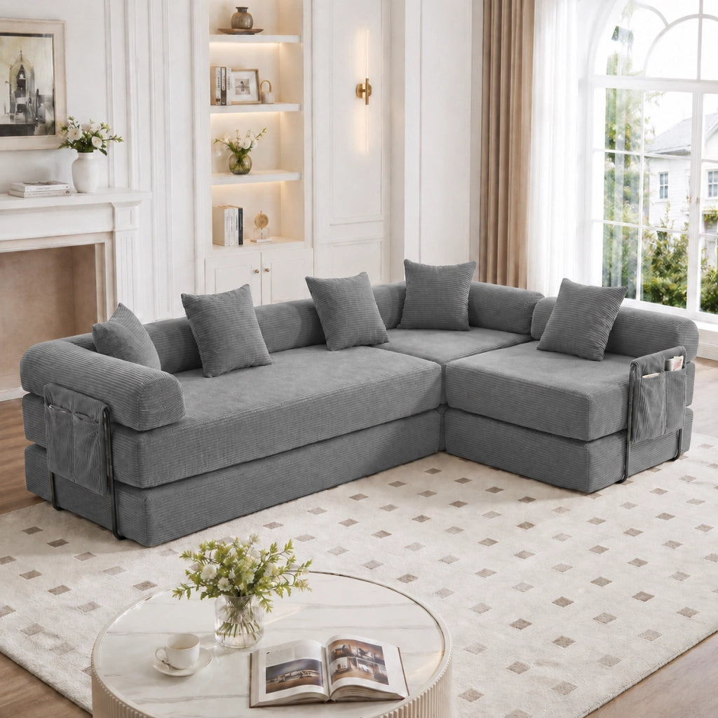 Divano modulare grigio scuro con contenitore, 270x180x64 cm, tessuto in cotone a coste
