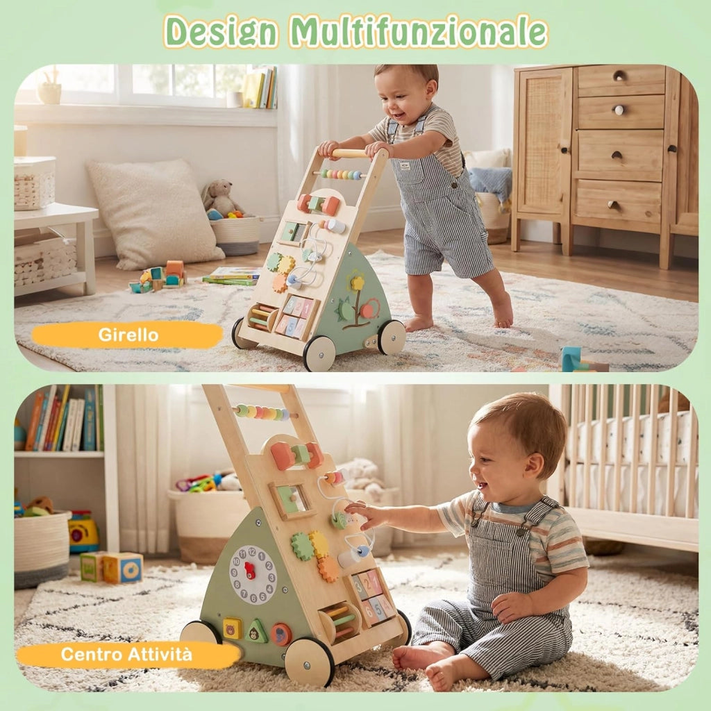 Carello Primi Passi in Legno per Bambini, Girello Montessori con Centro Attività, Ruote e Cestino Portaoggetti, Gioco Educativo per Bambini 12 + Mesi (Modello 5)