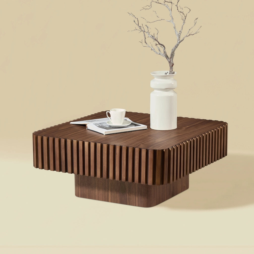 Tavolino basso quadrato in MDF con impiallacciatura noce e cornice in legno massello, per soggiorno, noce, 87 × 87 × 25 cm