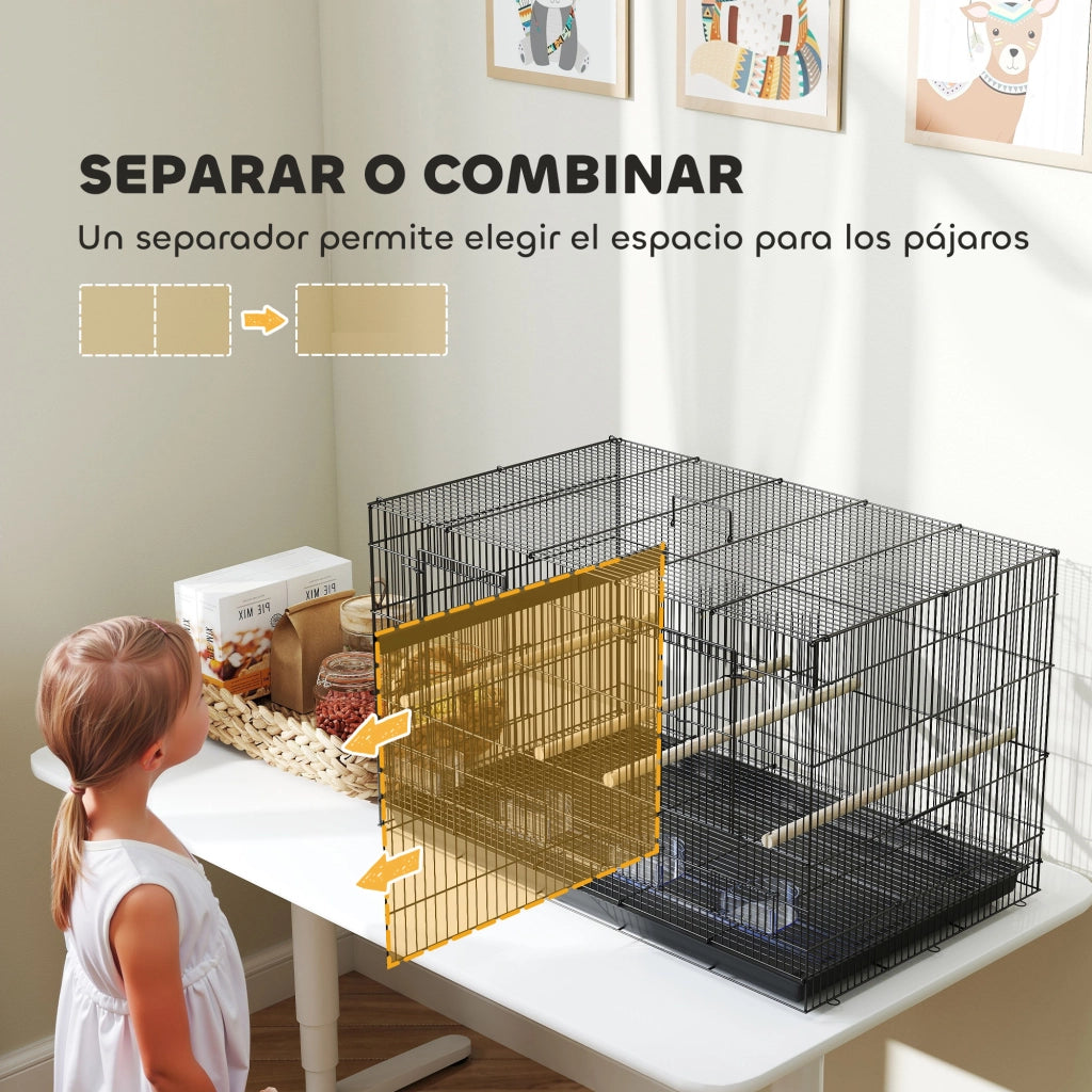 Gabbia per Uccelli con Divisorio 4 Mangiatoie 4 Posatoi ¨C zephmum ¨C Nero 76x46x46 cm