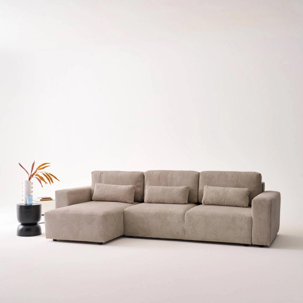 Divano letto angolare reversibile con contenitore in velluto a coste,
