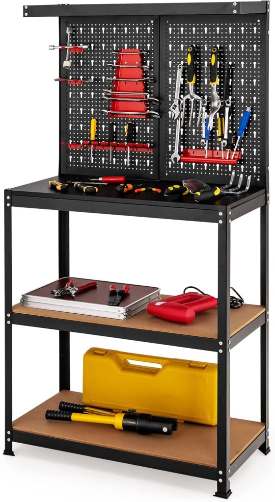Banco da Lavoro, in Metallo e MDF, con 3 Ripiani, 13 Accessori da Appendere, 80,5 x 41x 155cm, per Garage, Casa, Officina e Magazzino
