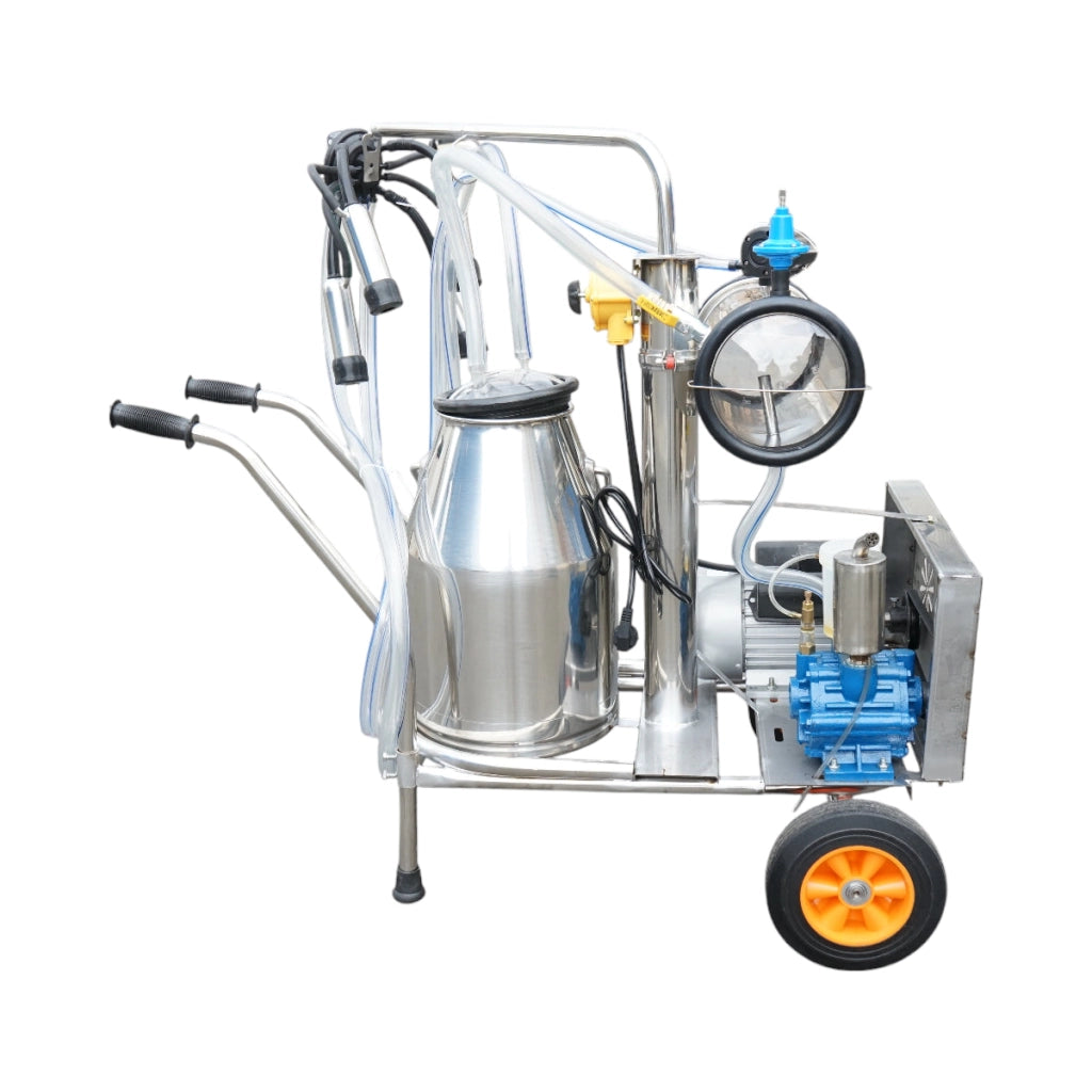 Dispositivo per mungitura di mucche, 1 postazione, 750W, 220V, bidone in acciaio inox da 25L, gruppo di mungitura con 4 manicotti, pressione del vuoto 40-50 kPa, pulsazioni 60-80 cpm.