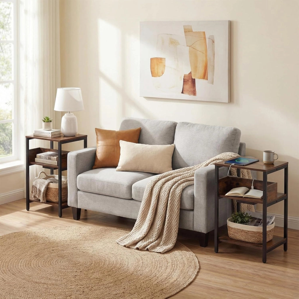 Tavolino Laterale a 3 Livelli con Stazione di Ricarica, Comodino con Presa Elettrica, Porte USB e Ripiani Aperti, Tavolino Stretto 40 x 30 x 61 cm, Tavolino da Salotto e Camera da Letto