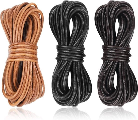 Cordone in pelle di vitello, 3 rulli, 5 m x 2 mm, per la creazione di accessori, nero, marrone scuro, marrone naturale