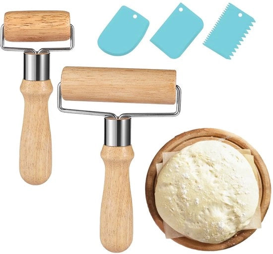 Set di 2 Deegroller in legno, composto da 2 Deegroller di piccole e medie dimensioni, 1 Deegroller T, 1 Deegroller per cake e pizza, 1 Deegroller per bakken, inclusi 3 strumenti per spolverare la farina