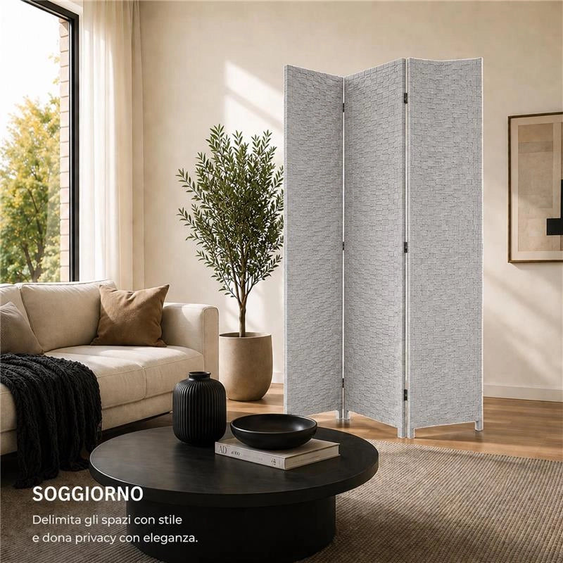 SEPARE' CON TRE PANNELLI IN PLASTICA GRIGIO CON STRUTTURA IN LEGNO MISURE: 180X135CM