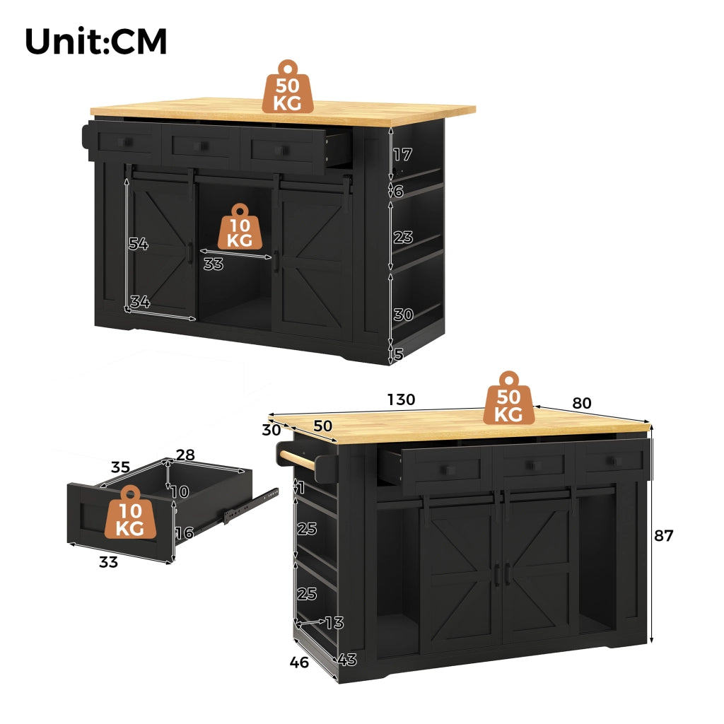 Carrello da cucina con piano pieghevole, 3 cassetti, prese integrate e ripiani, per cucina, 130 × 50 × 87 cm
