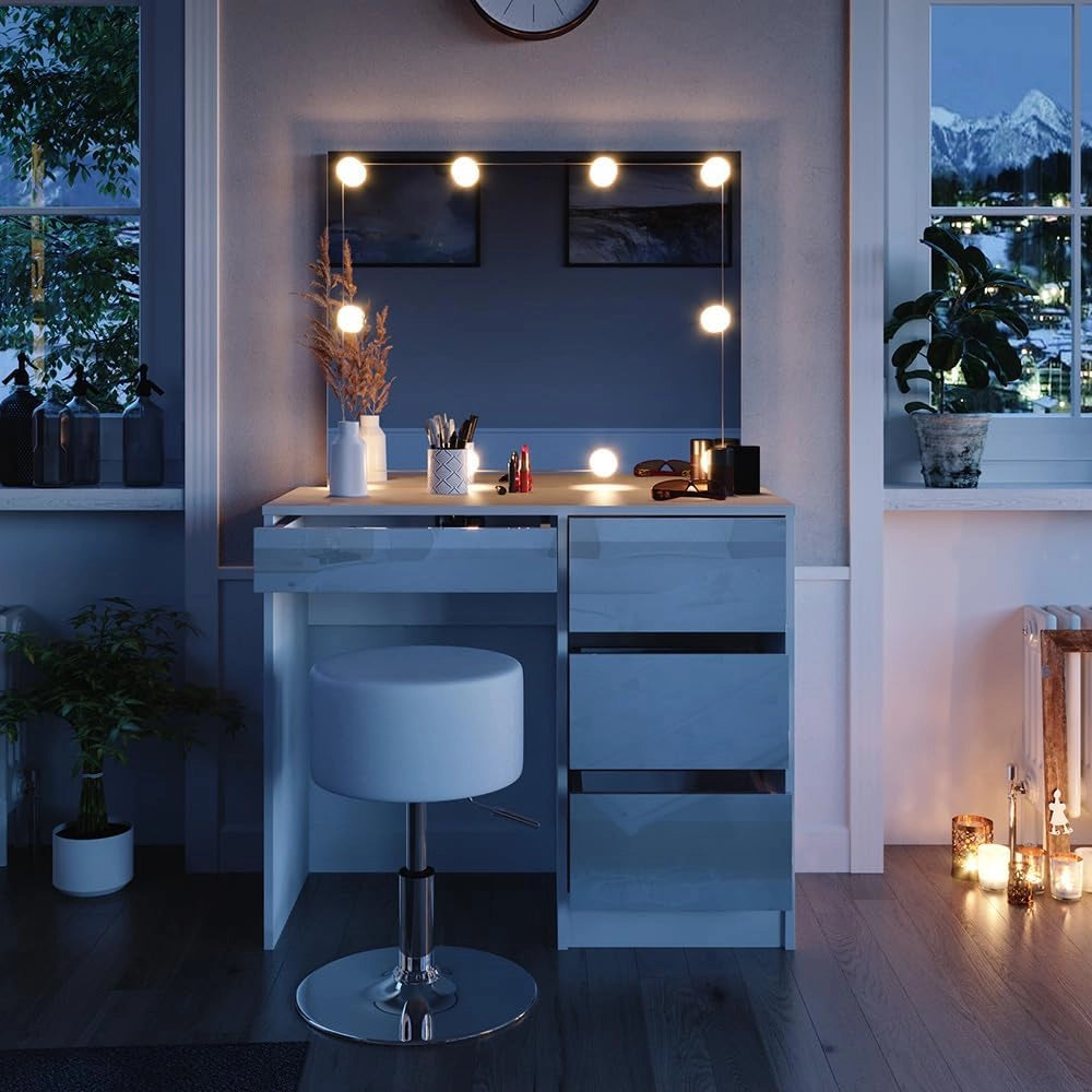 Vicco Tavolo da toeletta Sherry, Bianco, 90 cm con illuminazione a LED e sgabello, con illuminazione a LED e panca imbottita