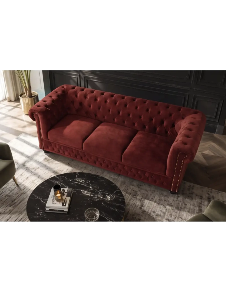 Divano Chesterfield EDGAR diritto 3 posti in velluto capitonnato - Rosso rubino - 205 x 72 x 85 cm