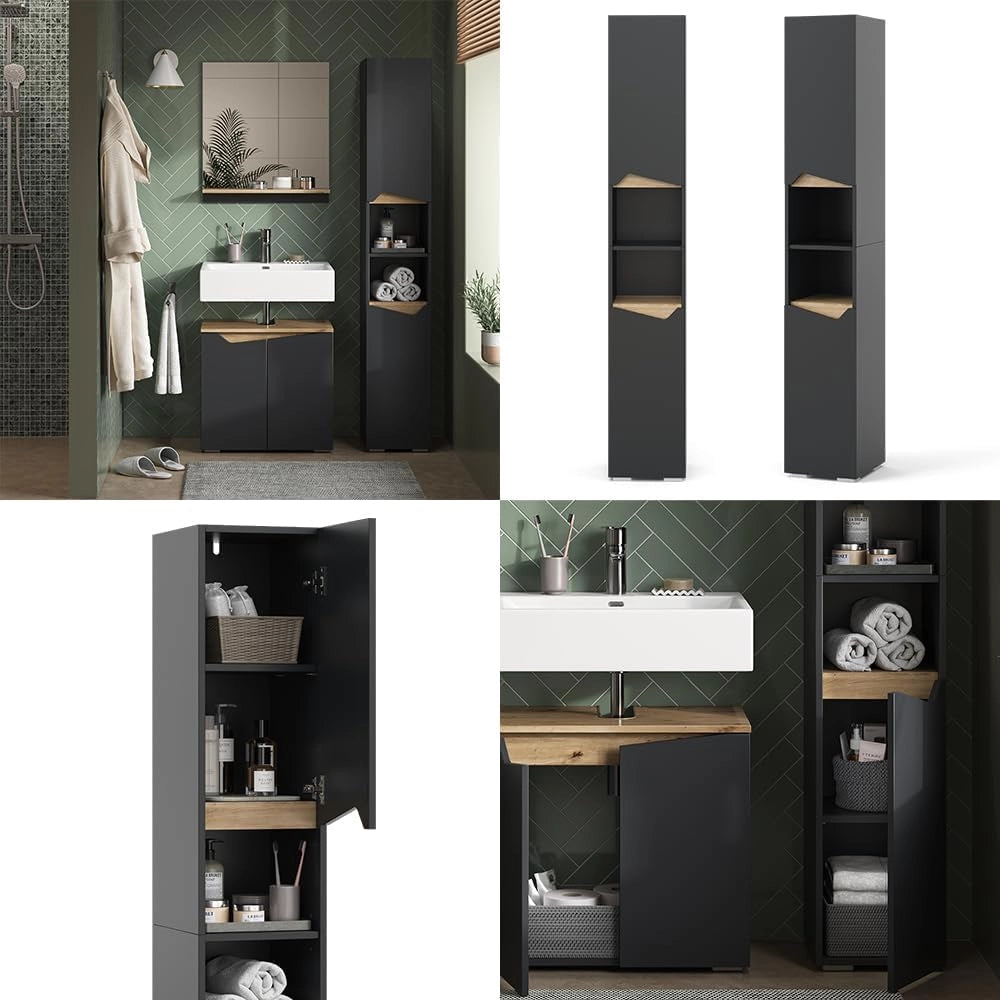Armadio per il bagno Marelle, Antracite/Artisan, 30 x 180 cm con porte e vani aperti, per la conservazione di articoli da bagno e asciugamani