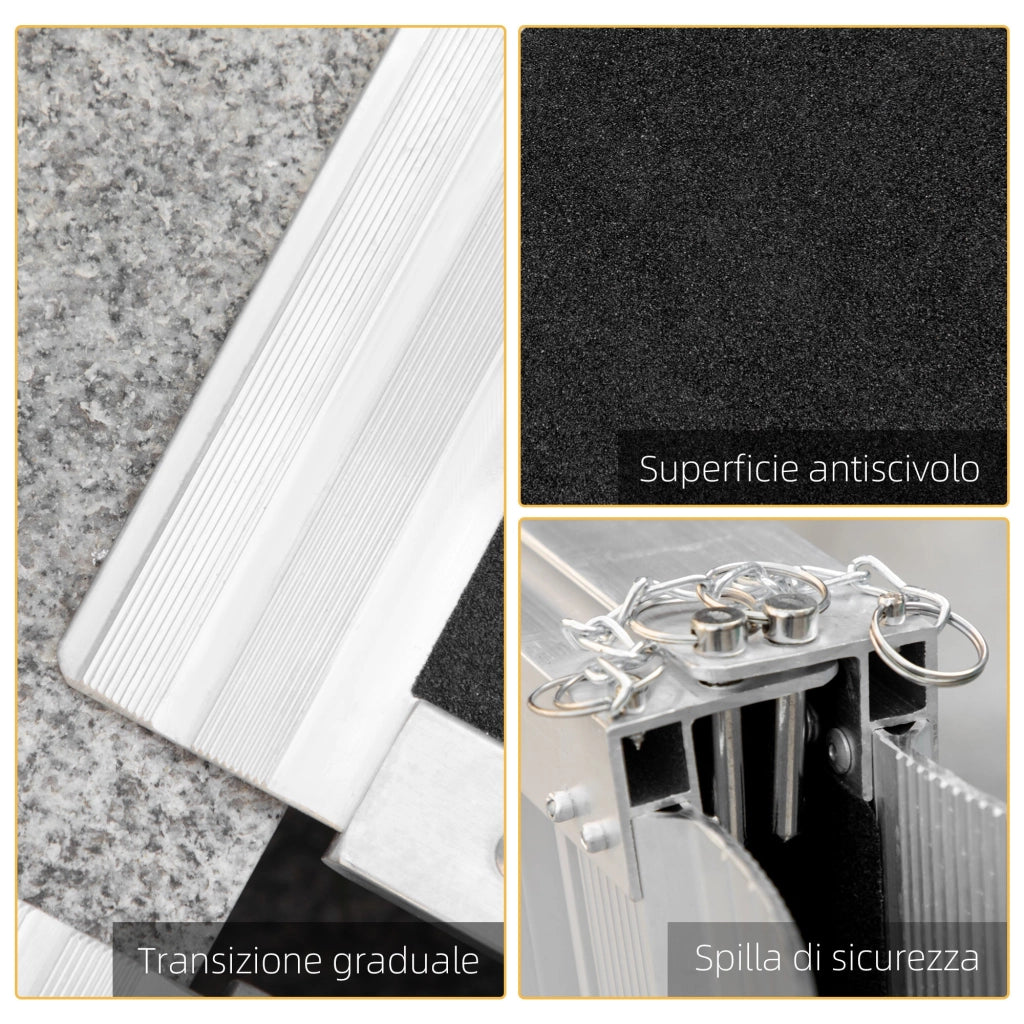 Rampa per Sedia a Rotelle Pieghevole con Guide Laterali 61x72 cm in Lega di Alluminio Argento e Nero